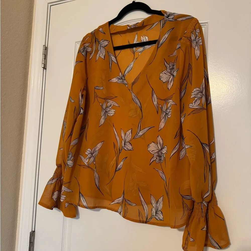 A New Day Mustard Floral Sleeve Blouse/ Sheer - Picture 1 of 10